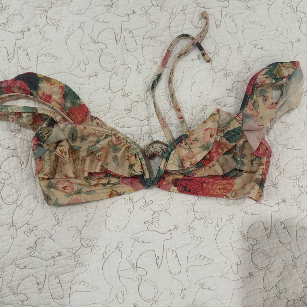 Zimmermann Floral Ruffled Bikini Top in Cream, Pink, Green - Picture 3 of 4